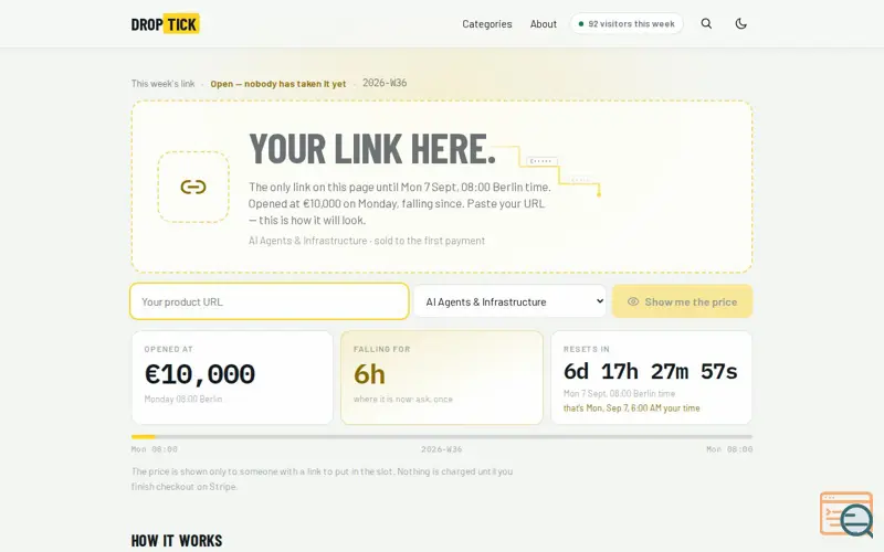Screenshot of Droptick — one link a week, sold by falling price