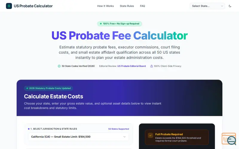 Screenshot of US Probate Calculator