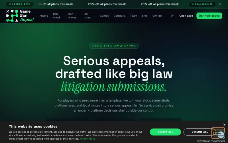 Screenshot of Game Ban Appeal, a launch using CookieScript