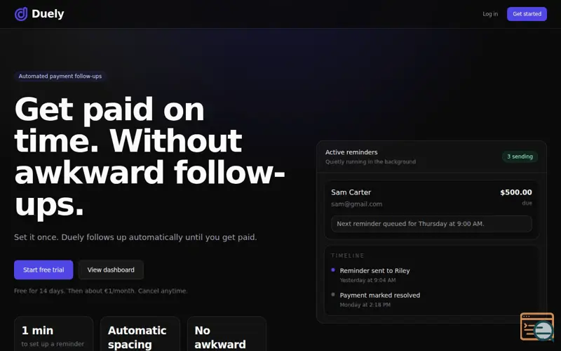Screenshot of Duely — automated payment reminders
