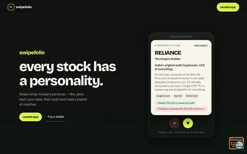 Screenshot of Swipefolio.in, a launch using Python