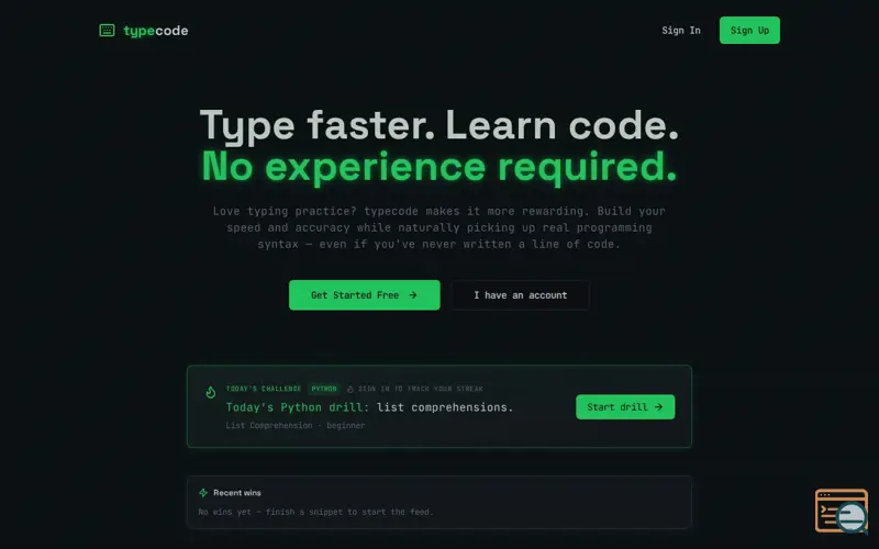 Screenshot of typecode — Learn to Code by Typing