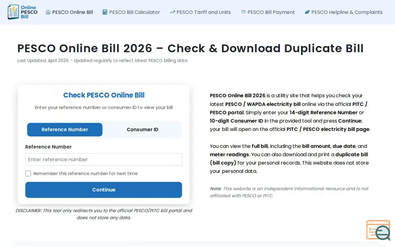 Screenshot of PESCO Online Bill