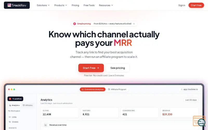 Screenshot of TrackRev, a launch using Hostinger Email