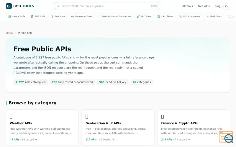 Screenshot of ByteTools API Directory