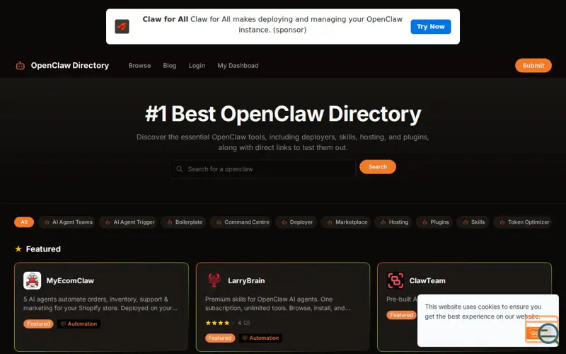 Screenshot of OpenClaw Directory, a launch using TinyAdz