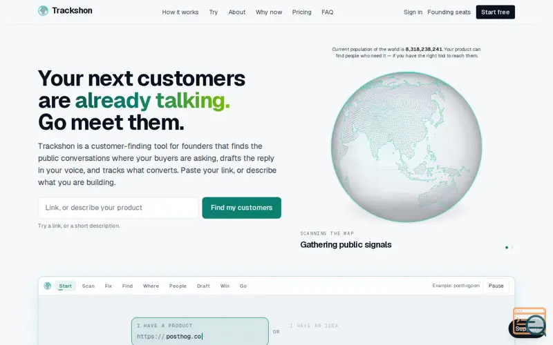 Screenshot of Trackshon: Your next customers are already talking. Go meet them.