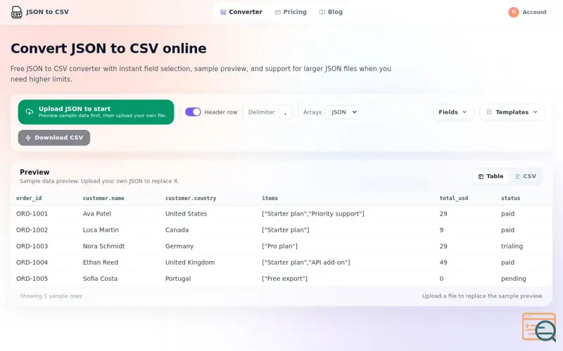 Screenshot of JSON to CSV