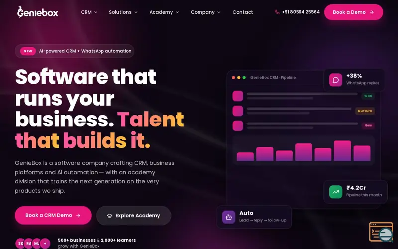 Screenshot of GenieBox — Software, CRM & Academy