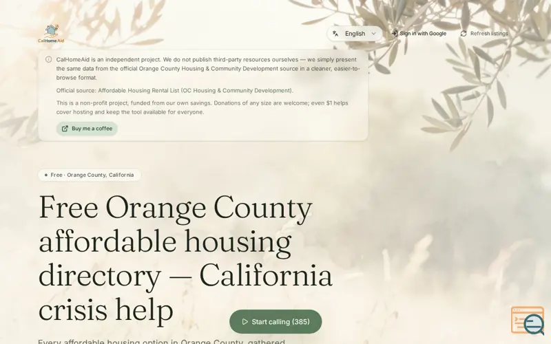 Screenshot of CalHomeAid Affordable House Listings