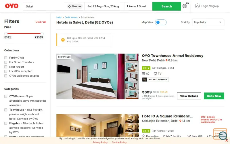 Screenshot of OYO Rooms