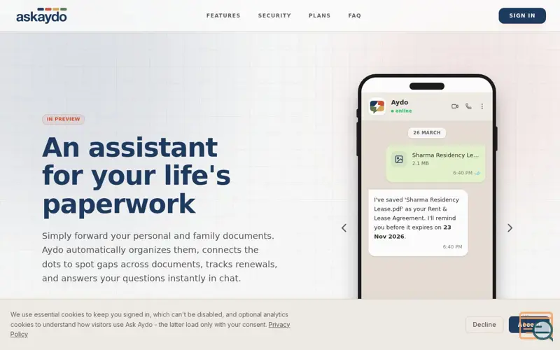 Screenshot of Ask Aydo | An assistant for your life's paperwork