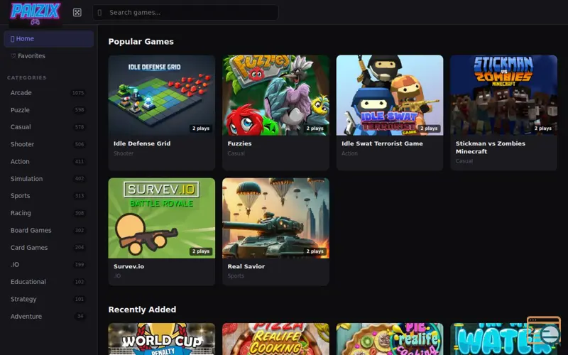 Screenshot of paizix.com, a launch using GameMonetize