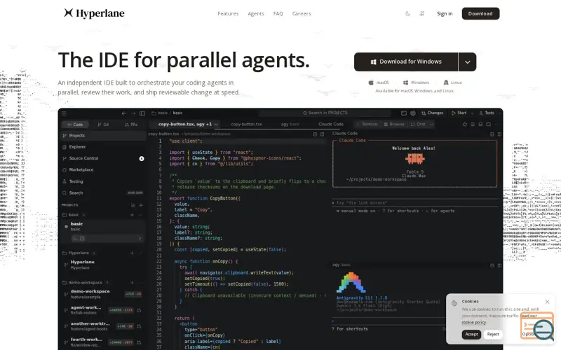 Screenshot of Hyperlane: The AI-native IDE for parallel agents, a launch using Rspack