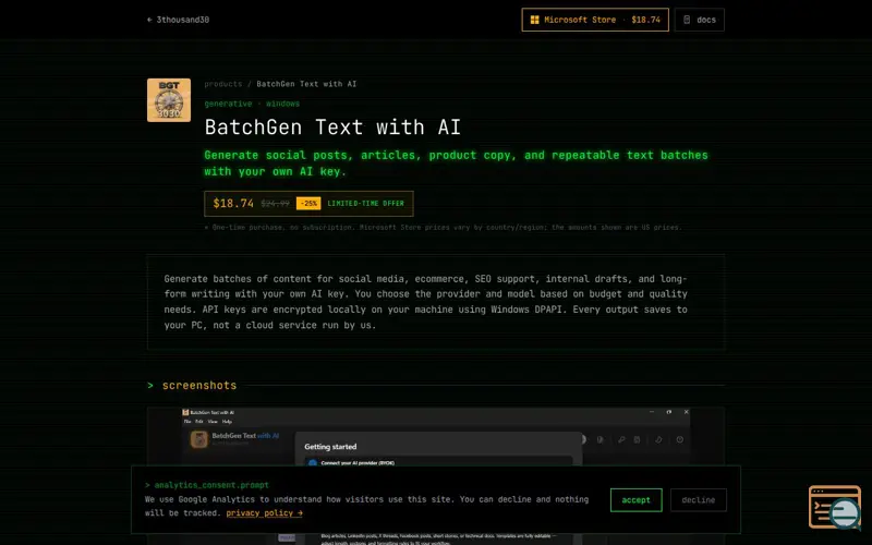 Screenshot of BatchGen Text with AI - v1.1.1