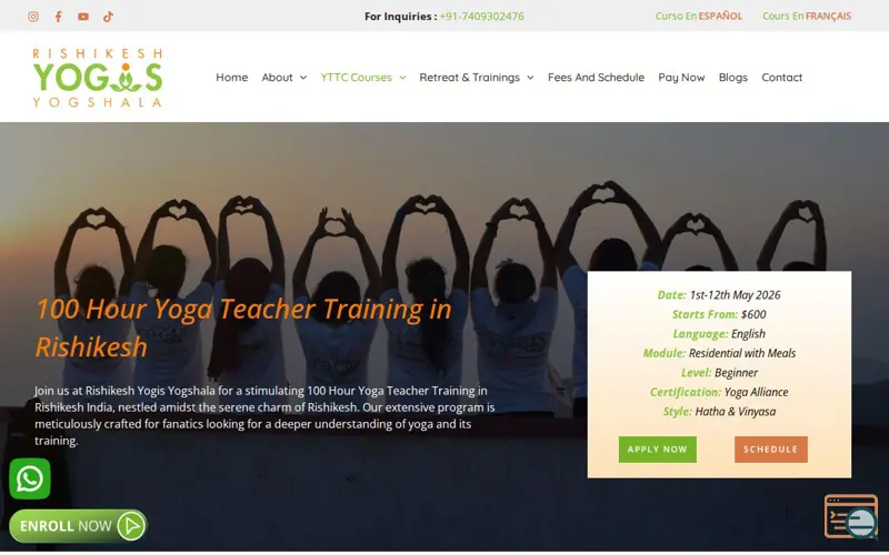 Screenshot of Rishikesh Yogis Yogshala, a launch using PixelYourSite