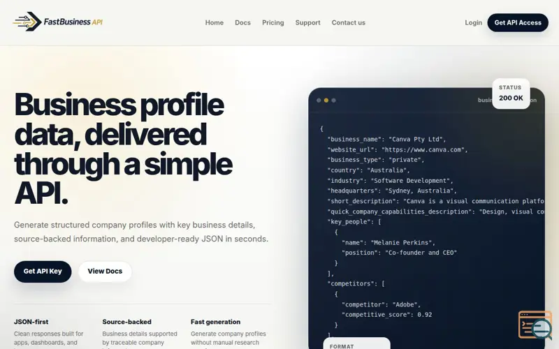 Screenshot of FastBusiness API
