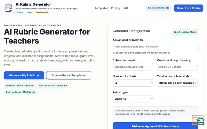 Screenshot of AI Rubric Generator