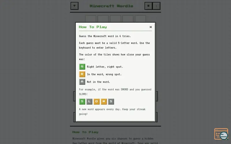 Screenshot of minecraft wordle