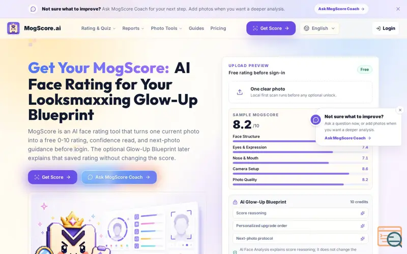 Screenshot of Get Your MogScore: AI Face Rating for Your Looksmaxxing Glow-Up Blueprint, a launch using SimilarLabs