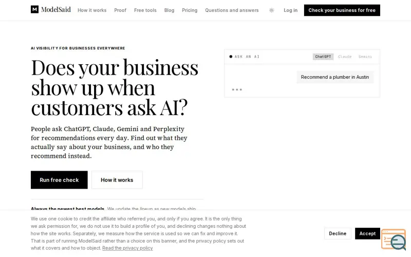 Screenshot of ModelSaid: Does your business show up when customers ask AI?
