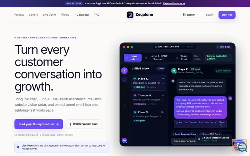 Screenshot of Zeqalune | Customer Support Workspace