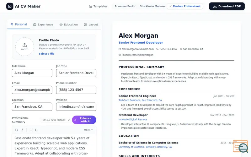 Screenshot of AI CV/Resume Maker