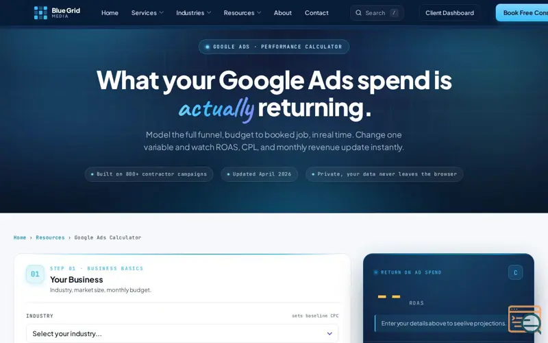 Screenshot of Google Ads Calculator For Contractors