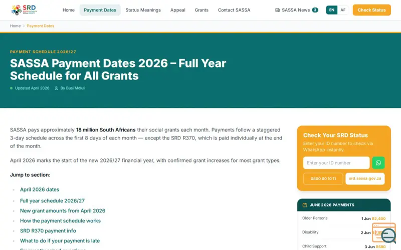 Screenshot of SASSA Payment Dates 2026