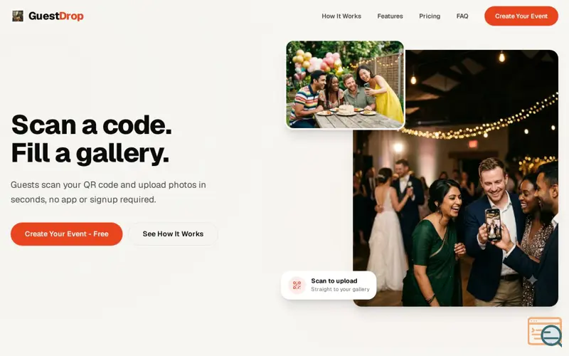 Screenshot of Free QR Code Photo Sharing for Events | GuestDrop