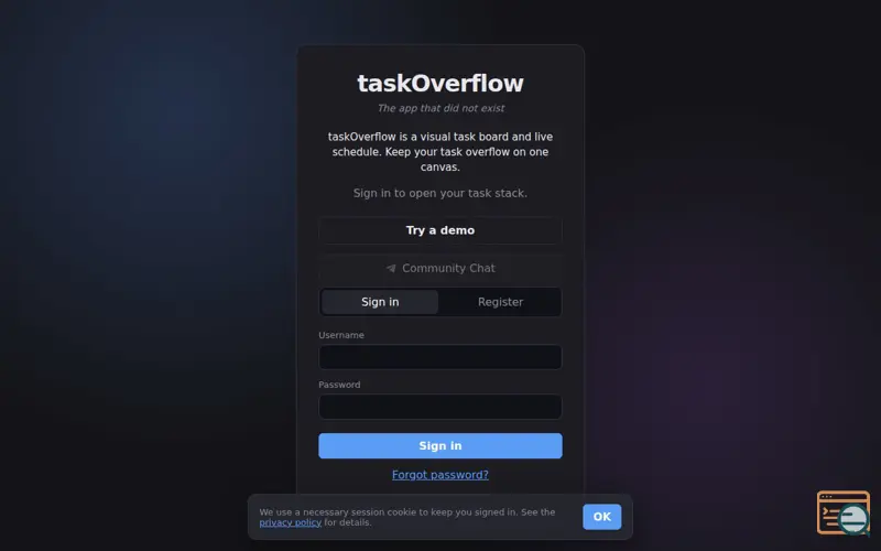 Screenshot of taskOverflow — a visual task board and live schedule