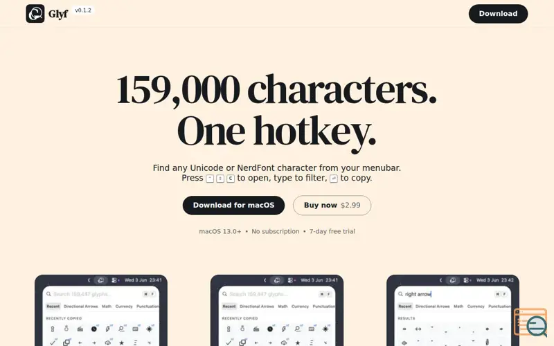 Screenshot of Glyf — Unicode character picker for mac