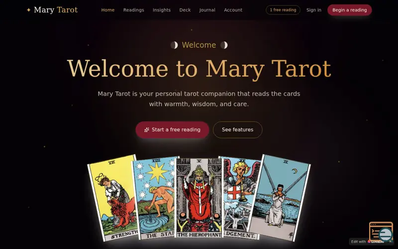 Screenshot of Mary Tarot