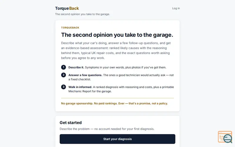 Screenshot of TorqueBack — The second opinion you take to the garage