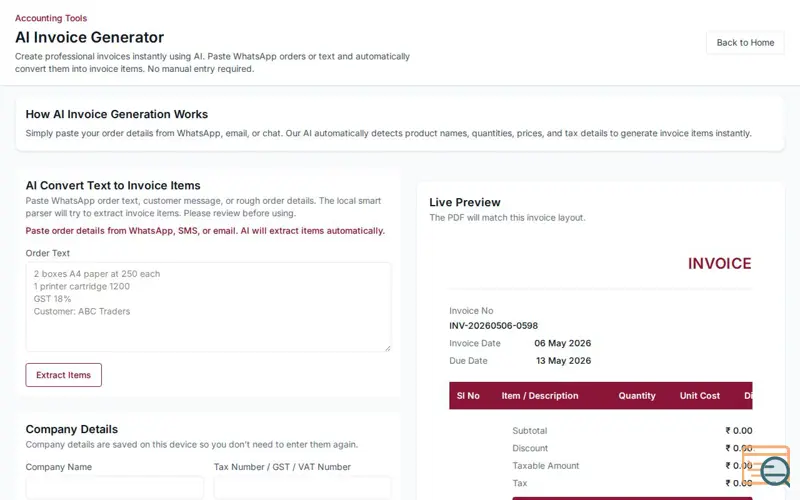 Screenshot of AI Invoice Generator