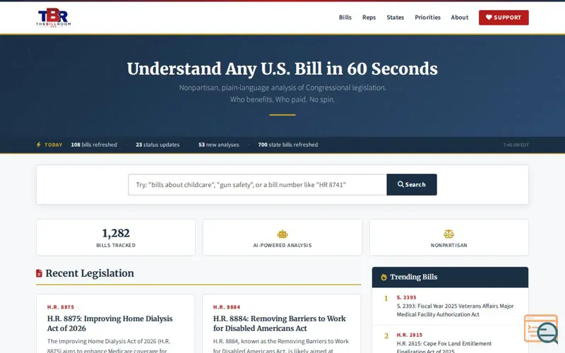 Screenshot of TheBillRoom.org, a launch using A2 Hosting
