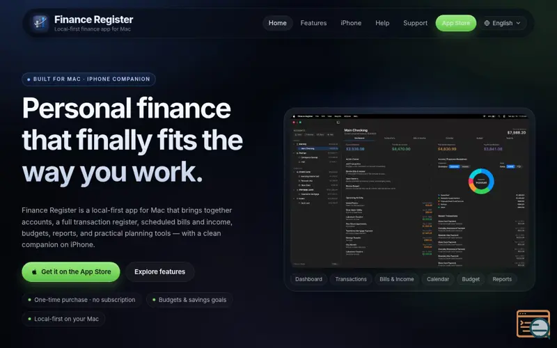 Screenshot of Finance Register, a launch using LiteSpeed Web Server