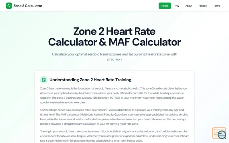 Screenshot of Zone 2 Heart Rate Calculator