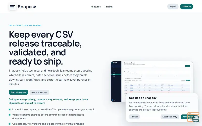 Screenshot of Snapcsv.dev, a launch using Aruba Mail