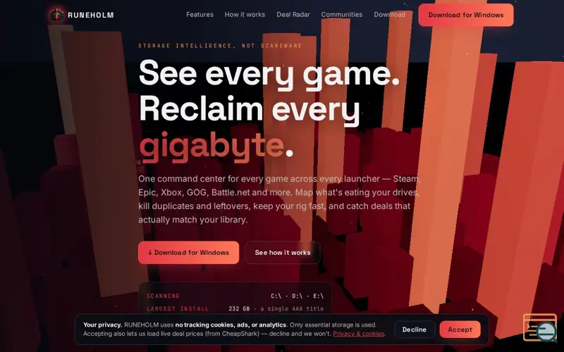 Screenshot of RUNEHOLM — See every game. Reclaim every gigabyte., a launch using CheapShark