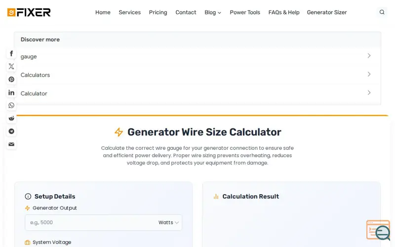 Screenshot of Generator Wire Size Calculator, a launch using AddThis