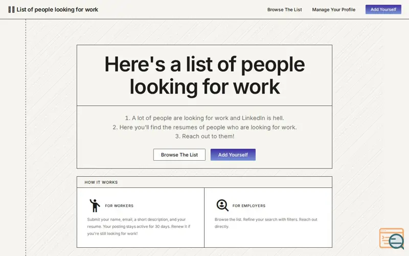 Screenshot of List of people looking for work