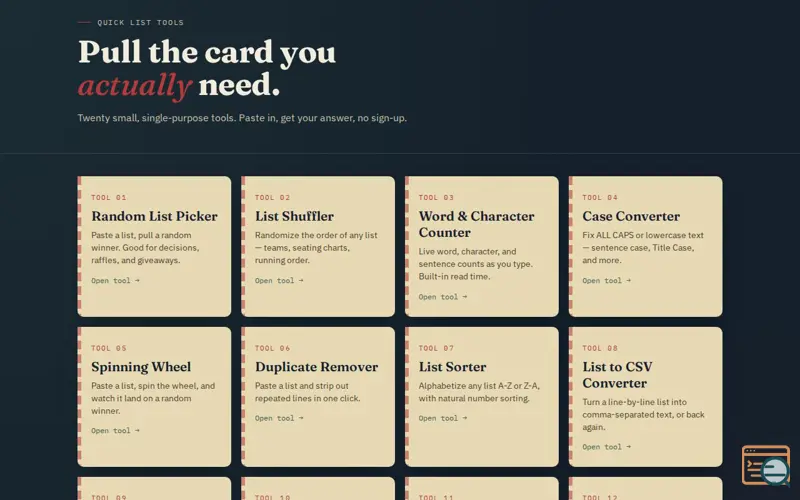 Screenshot of Quick List Tools 20 Free Tools No Signup