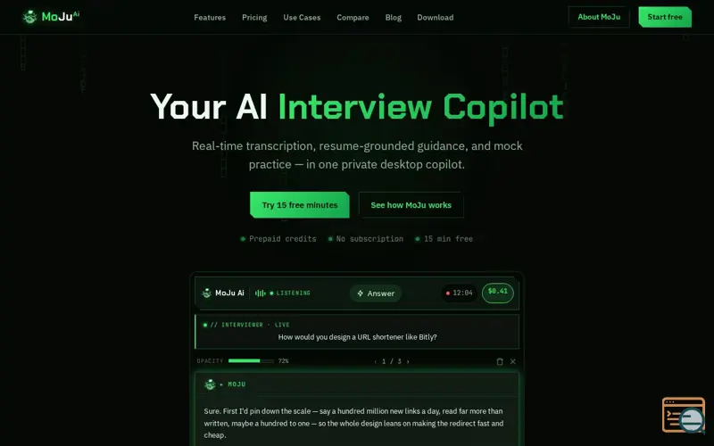 Screenshot of MoJu AI — Your AI Interview Copilot · Real-Time AI Assistant