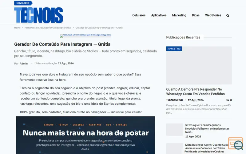 Screenshot of Gerador de Conteúdo para Instagram 