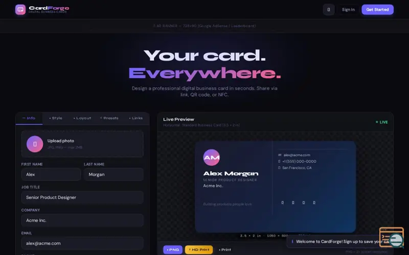 Screenshot of CardForge Digital Business Card Creator