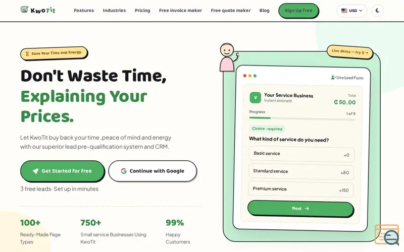 Screenshot of Interactive Pricing Calculator & Quote Generator | KwoTit