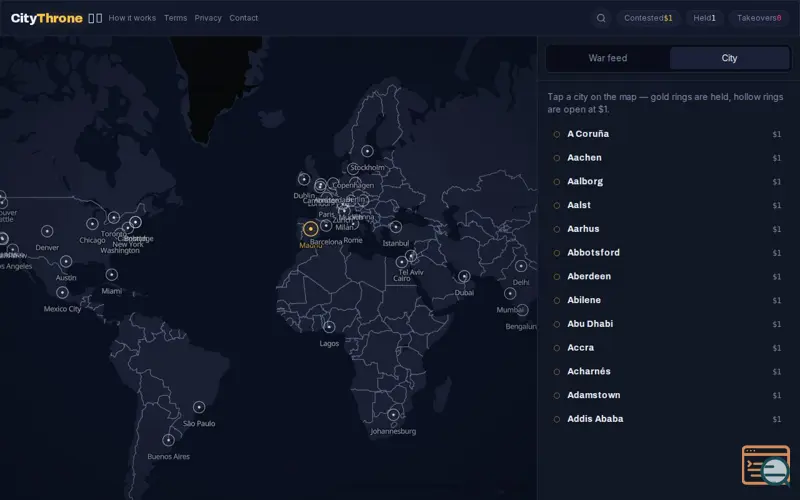 Screenshot of CityThrone — Paid map placements by city