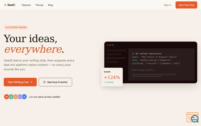 Screenshot of SeedX — AI Content Engine for Creators