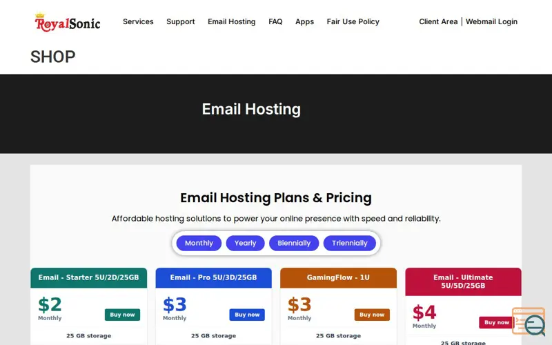 Screenshot of royalsonic.com - Email Hosting, a launch using WooCommerce